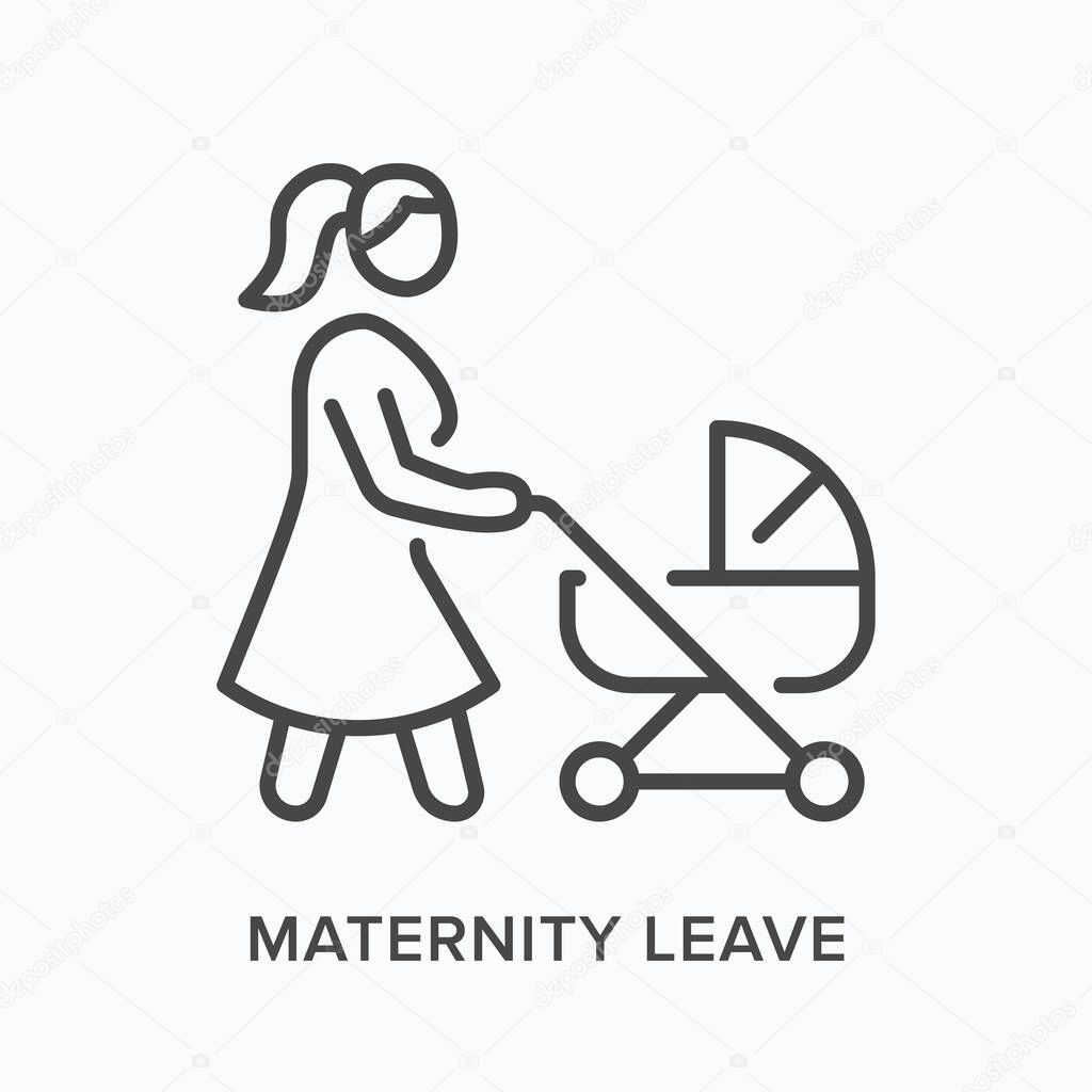 Maternity leave flat line icon. Vector outline illustration of woman with stroller. Black thin linear pictogram for mother walking with baby carriage