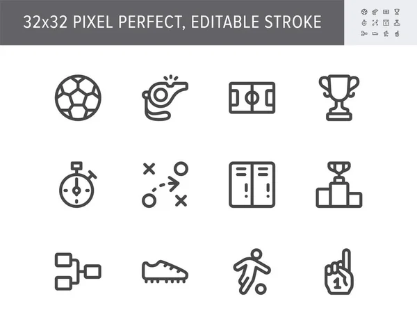 Football sport flat icons. Vector illustration with minimal icon - soccer, scoreboard, stopwatch, referee, field, judge whistle, championship score, fan finger, simple pictogram. 32x32 Pixel Perfect — Stock Vector