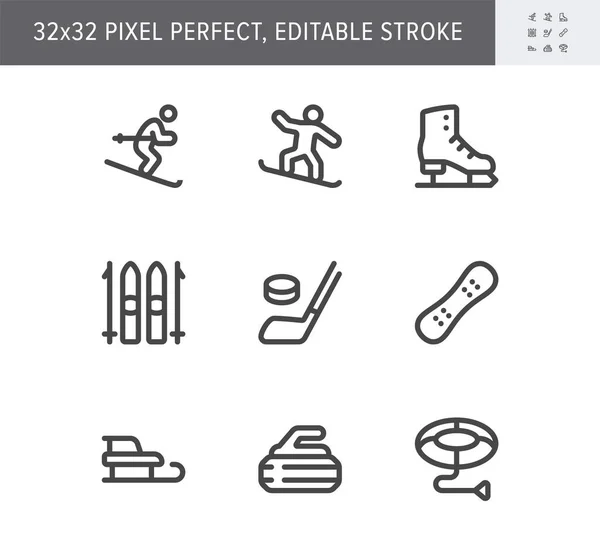 Winter sport flat icons. Vector illustration with minimal icon - skier, skates, ice hockey, curling stone, snowboard, tubing simple pictogram. 32x32 Pixel Perfect — Stock Vector