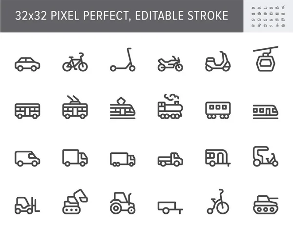 Transport side view flat icons. Vector illustration with minimal icon - bike, tram, train, electric scooter, trolley, railway, motorbike, trailer, excavator simple pictogram. 32x32 Pixel Perfect — Stock Vector