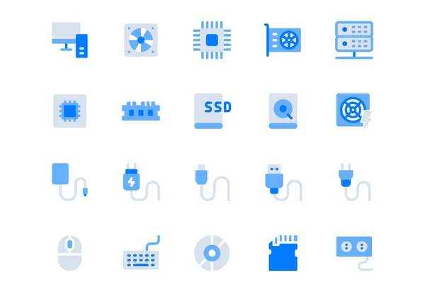 Elektrická komponenta jednoduché ploché ikony. Vektorová ilustrace s minimální ikonou - čip, počítač, cpu, gpu, ram, pevný disk, myš, klávesnice, hardware paměťové karty. piktogram modrého glyfu — Stockový vektor