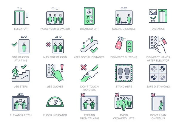 Lift lijn pictogrammen. Vector illustratie opgenomen pictogram - service lift, parkeren, gehandicapten cabine, beveiligingscamera, toegangsknoppen schema pictogram. Groene kleur bewerkbare beroerte — Stockvector