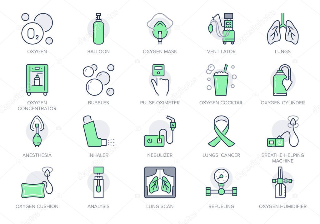 Oxygen line icons. Vector illustration included icon - anesthesia mask, ventilator, icu, artificial lung ventilation, nebulizer outline pictogram for hospital. Green Color Editable Stroke