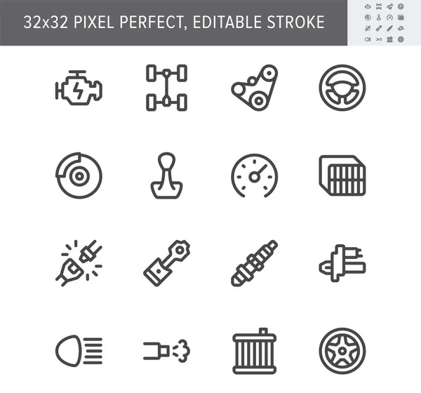 Transport car parts simple line icons. Vector illustration with minimal icon - check engine, gearbox, brakes, spark, wheel rims, transmission, seat belt pictogram. 32x32 Pixel Perfect Editable Stroke — Stock Vector