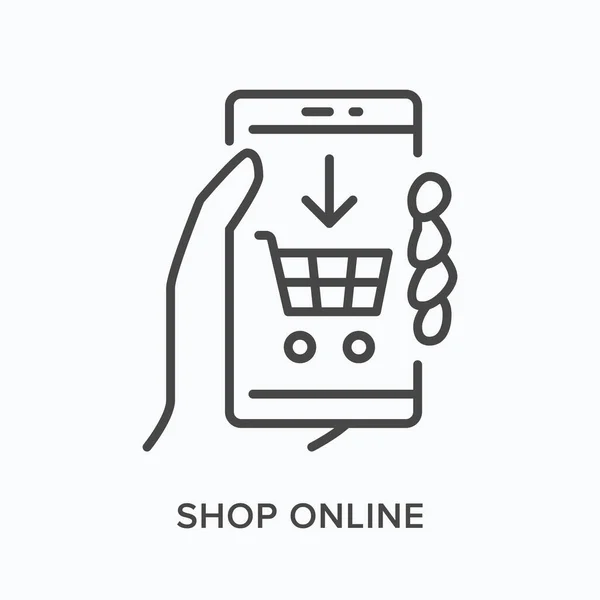 Online winkelen platte lijn pictogram. Vector schets illustratie van de hand te houden mobiele telefoon met mand op het scherm. Zwart dun lineair pictogram voor e-commerce — Stockvector