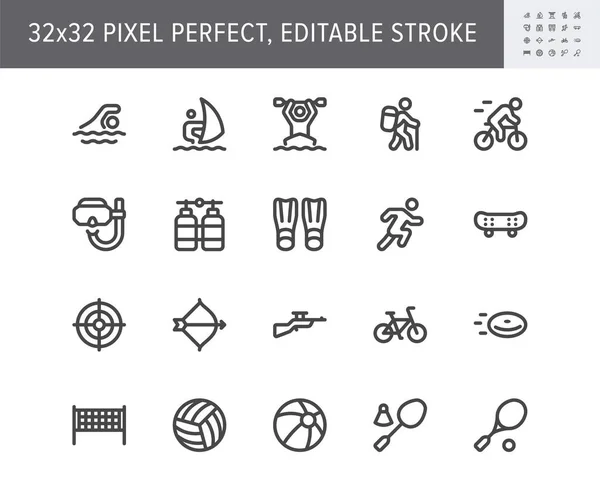 Summer sport simple line icons. Vector illustration with minimal icon - beach games, kayak, badminton, skateboard, diving, cycling, windsurfing, jogging pictogram. 32x32 Pixel Perfect Editable Stroke — Stock Vector