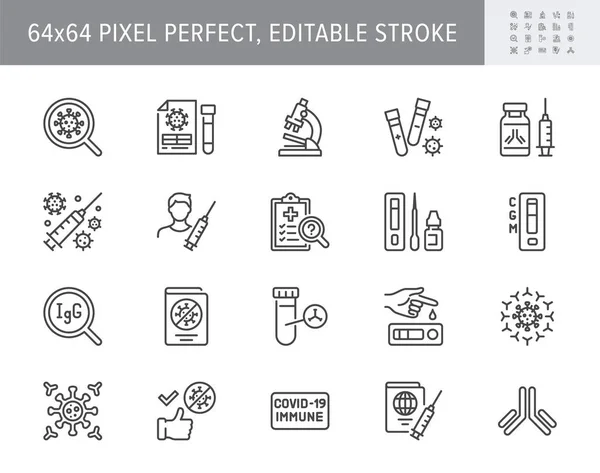 Coronavirus test line icons. Vector illustration include icon - vaccine clinical trial, antibody, rapid kid, blood sample outline pictogram for covid19 diagnostic. 64x64 Pixel Perfect Editable Stroke — Stock Vector