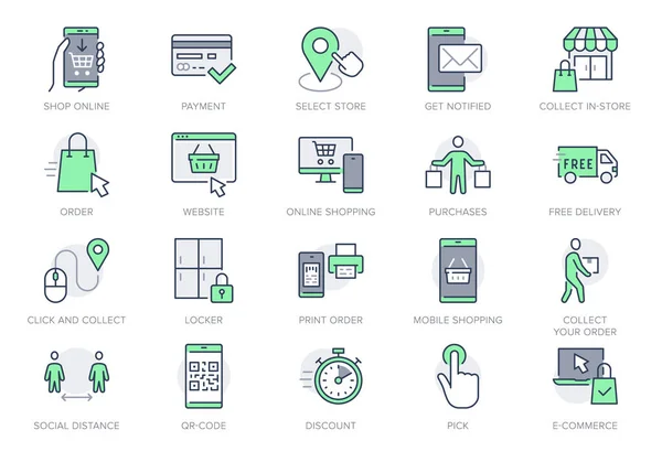 Click and collect service line icons. Vector illustration with icon - online shopping, qr code, basket, delivery, package, store outline pictogram for e-commerce. Green Color Editable Stroke — Stock Vector