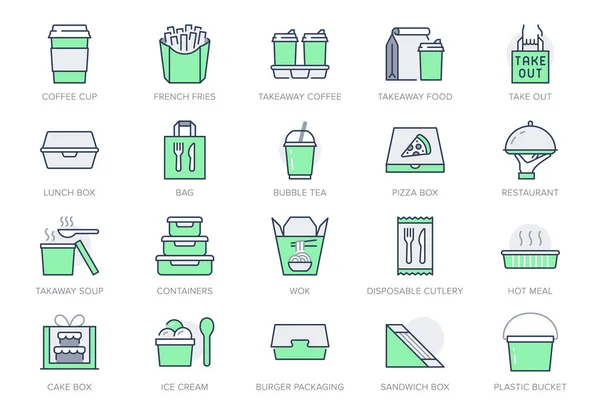 Quita los iconos de la línea de servicio de comida. Ilustración vectorial con icono: caja, pizza, paquete para llevar, bocadillo y pictograma de bocadillo de contenedor de sopa para comida para llevar. Trazo editable de color verde — Archivo Imágenes Vectoriales