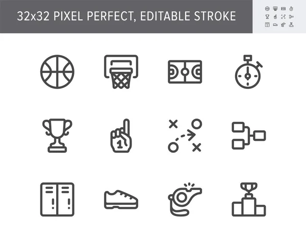 Basketball sport simple line icons. Vector illustration with minimal icon - court, whistle, goblet, foam finger, game strategy, podium, tournament grid pictogram. 32x32 Pixel Perfect Editable Stroke — Stock Vector