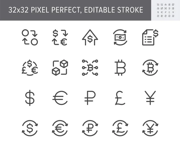 Finance currency exchange simple line icons. Vector illustration with minimal icon - euro, dollar, transfer, invoice, pound, sterling, cryptocurrency pictogram. 32x32 Pixel Perfect Editable Stroke — Stock Vector