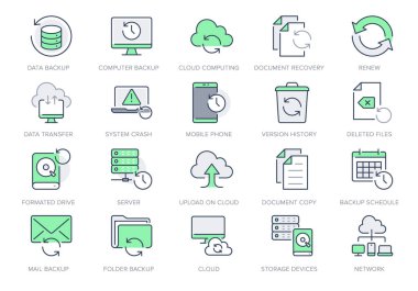 Backup line icons. Vector illustration with minimal icon - recovery data, laptop, system crash repair, database, cloud transfer, recycle bin, folder pictogram. Green Color, Editable Stroke clipart
