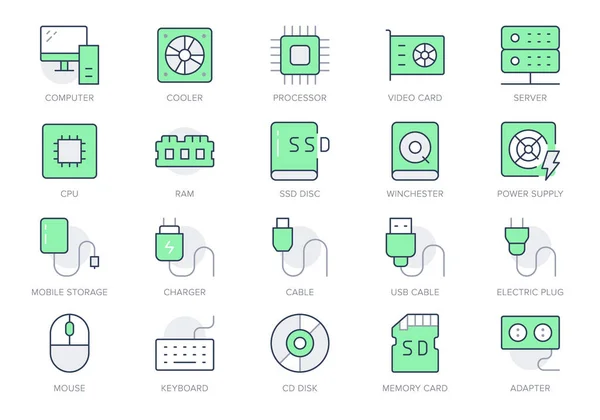 Electric component simple line icons. Vector illustration with minimal icon - chip, computer, cpu, gpu, ram, hard disk, mouse, keyboard, memory card hardware. Green Color. Editable Stroke — Stock Vector