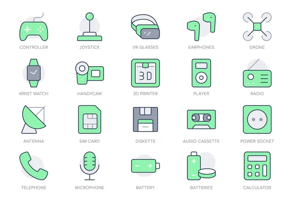 Electronic devices simple line icons. Vector illustration with minimal icon - joystick, controller, vr glasses, drone, camera, 3d printer, retro technology. Green Color. Editable Stroke — Stock Vector