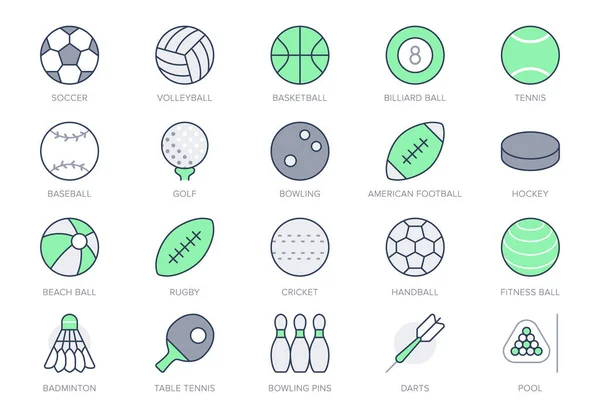 Sport balls line icons. Vector illustration with minimal icon - soccer, rugby, basketball, table tennis racquet, ice hockey puck, bowling, softball equipment. Green Color. Editable Stroke