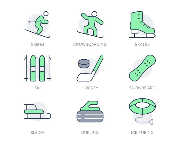 Winter sport simple line icons. Vector illustration with minimal icon - skier, skates, ice hockey, curling stone, snowboard, tubing pictogram. Green Color, Editable Stroke — Stock Vector