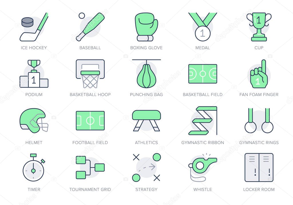 Sport competition simple line icons. Vector illustration with minimal icon - baseball and football field, cup, baseball bat, ice hockey puck, box glove pictogram. Green Color Editable Stroke