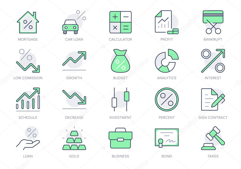 Finance investment simple line icons. Vector illustration with minimal icon - briefcase, portfolio, certificate, gold bar, mortgage, quotes, car loan pictogram. Green Color Editable Stroke
