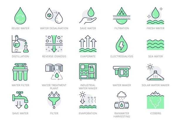 Rainwater harvesting line icons. Vector illustration include icon - osmotic filter, electrodialysis, evaporate, drop outline pictogram for water cleansing. Green Color, Editable Stroke — Stock Vector