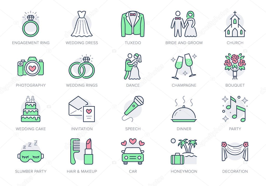 Wedding timeline line icons. Vector illustration include icon - bouquet, ring, bouquet, tuxedo, groom, bridal, invitation outline pictogram for marriage ceremony. Green and Red Color, Editable Stroke