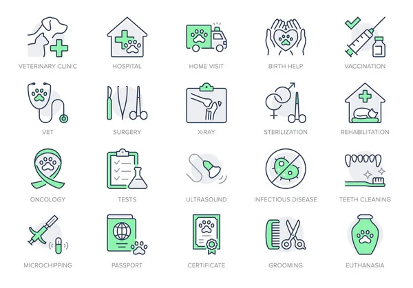 獣線のアイコン。ベクターイラストには、獣医クリニック用の聴診器、グルーミング、 X線、超音波、ワクチン接種、滅菌アウトラインピクトグラムなどのアイコンが含まれています。緑の色、編集可能なストローク — ストックベクタ