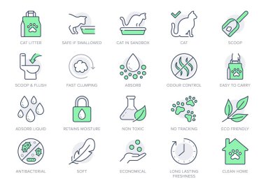 Cat litter line icons. Vector illustration include icon - sandbox, kitty tray filter, bag, biodegradable, natural outline pictogram for animal toilet absorber. Green Color, Editable Stroke clipart