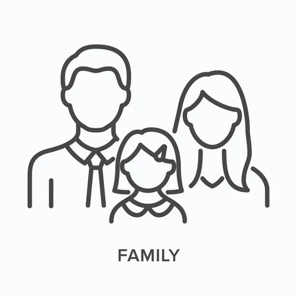 Family with little girl flat line icon. Vector outline illustration of parent. Black thin linear pictogram for wife, husband and daughter — Stock Vector