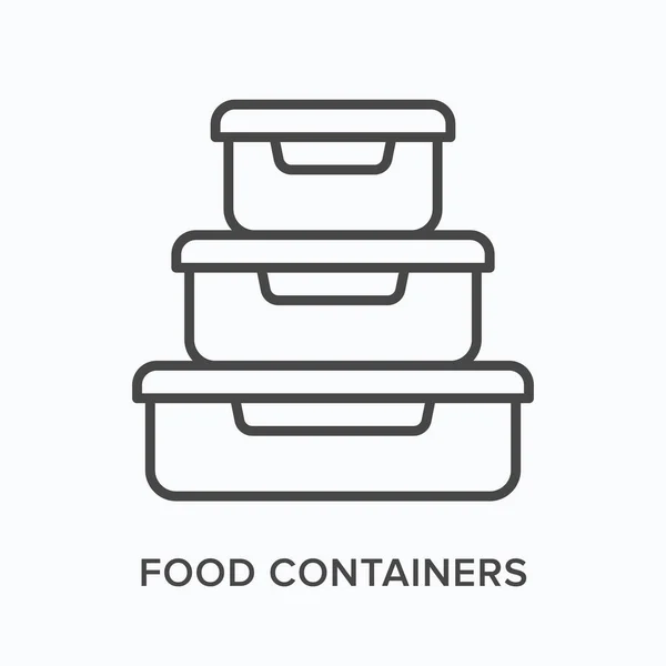 Food containers flat line icon. Vector outline illustration of lunchbox. Black thin linear pictogram for plastic meal storage — Stock Vector