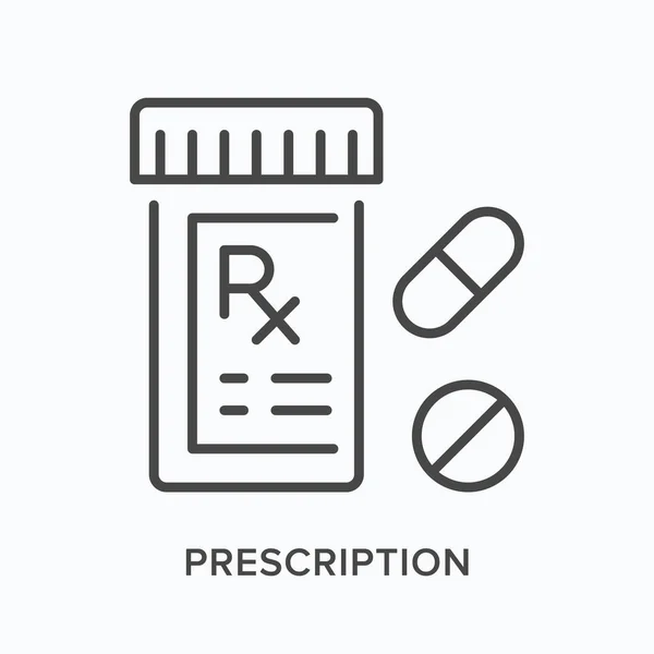 Receptbelagd platt linje ikon. Vektor skissera illustration av drogflaska. Svart tunn linjär piktogram för apotek rx burk — Stock vektor