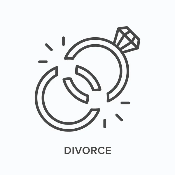 Διαζύγιο εικονίδιο επίπεδη γραμμή. Εικονογράφηση διανυσματικού περιγράμματος δύο σπασμένων δακτυλίων. Μαύρο λεπτό γραμμικό εικονόγραμμα για διάλειμμα γάμου — Διανυσματικό Αρχείο