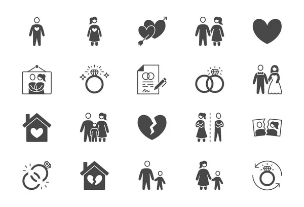 Estado de relacionamento glifo ícones planos. Ilustração vetorial incluem ícone marido, solteiro, esposa, casamento, anéis, divórcio, pictograma silhueta de casamento para a condição conjugal — Vetor de Stock