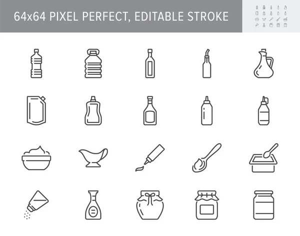 Ícones de linha de molhos. Ilustração vetorial incluem ícone jarro, xícara, vinagre, maionese, ketchup, creme azedo, molho de queijo, pictograma esboço para tempero de comida. 64x64 Pixel perfeito, curso editável — Vetor de Stock
