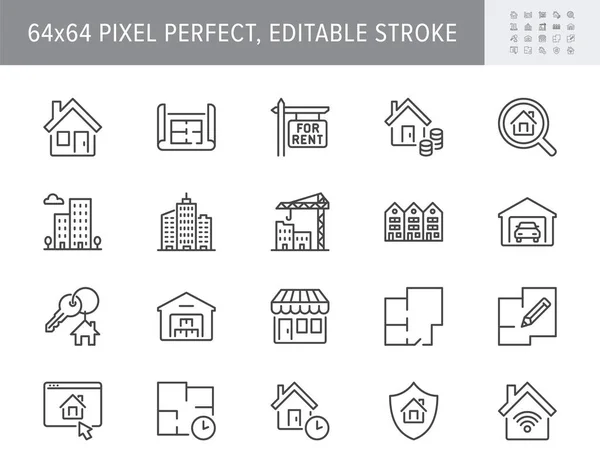 부동산용 라인 아이콘. 벡터 삽화에는 아이콘 - 하우스, 보험, 상업, 청사진, 타운 하우스, 키, 부동산 에이전시 64x64 픽셀 퍼펙트 (Pixel Perfect), Editable Stroke 의 그림 개요가 있다. — 스톡 벡터