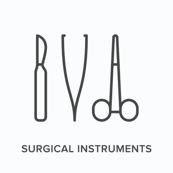 Kirurgiska instrument platt linje ikon. Vektor skissera illustration av skalpell, pincett och pincett. Svart tunn linjär piktogram för medicinsk utrustning — Stock vektor