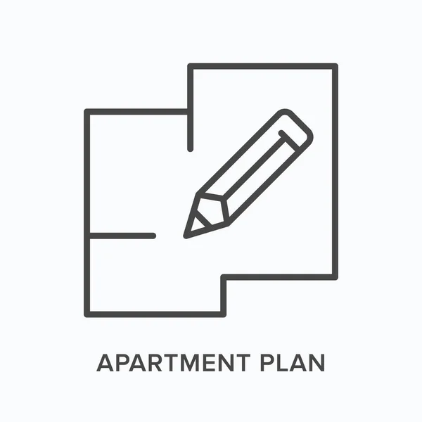 Appartement plan ligne plate icône. Illustration vectorielle du schéma directeur de la propriété. Pictogramme linéaire mince noir pour plan d'étage — Image vectorielle