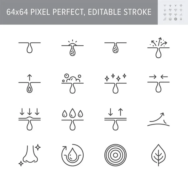 Kosmetische Eigenschaften zeichnen Symbole aus. Vektor Illustration gehören Symbol - Bleaching, Akne, feuchtigkeitsspendende, Kosmetik, Gel, Pickel, Umriss Piktogramm für Hautpflege Produkt. 64x64 Pixel perfekt, editierbarer Strich — Stockvektor