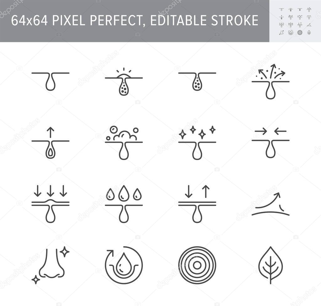 Cosmetic properties line icons. Vector illustration include icon - whitening, acne, moisturizing, cosmetic, gel, pimple, outline pictogram for skincare product. 64x64 Pixel Perfect, Editable Stroke