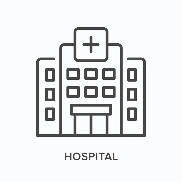 Значок лікарні плоскої лінії. Векторна контурна ілюстрація будівлі швидкої допомоги. Чорна тонка лінійна піктограма для медичної клініки — стоковий вектор