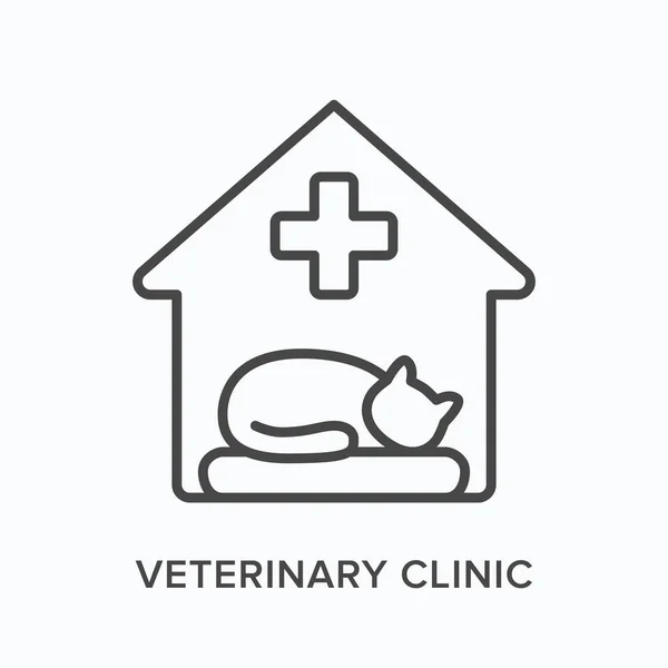 Clinique vétérinaire ligne plate icône. Illustration vectorielle des contours de maison, croix et chat. Pictogramme linéaire mince noir pour l'aide médicale animale — Image vectorielle