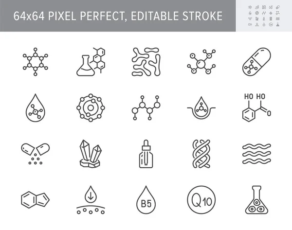 Cosmetic compounds line icons. Vector illustration include icon - vitamin, antioxidant, coenzyme q10, collagen outline pictogram for beauty chemical components. 64x64 Pixel Perfect, Editable Stroke — Stock Vector