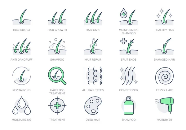 Hair cosmetic line icons. Vector illustration include icon - skincare, frizzy, repair, revitalizing, scalp, dandruff, follicle outline pictogram for trichology. Green Color, Editable Stroke — Stock Vector