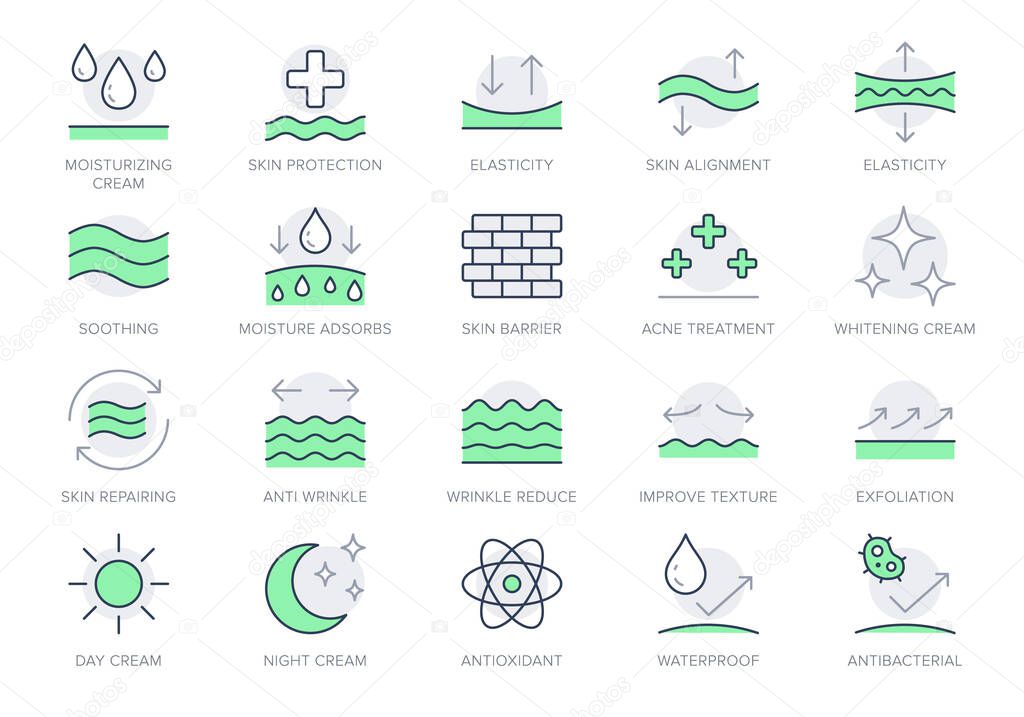 Cosmetic properties line icons. Vector illustration include icon - day cream, moisture, dermatology, soothing, collagen outline pictogram for skincare product. Green Color, Editable Stroke