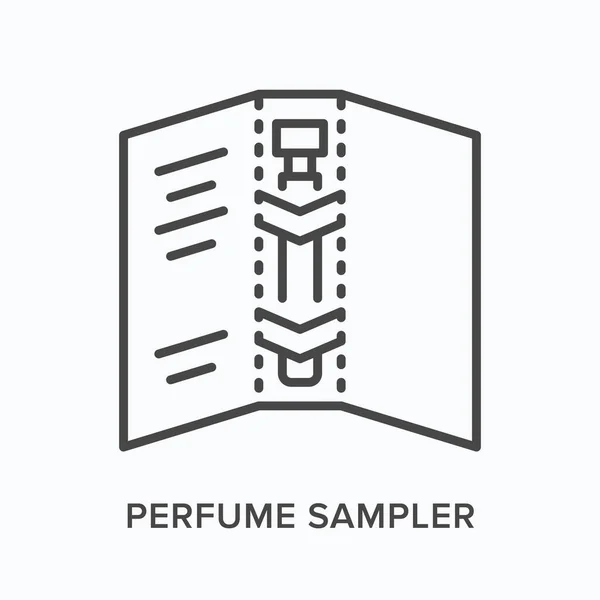 Icono de línea plana del sampler de perfume. Ilustración del contorno vectorial de la botella pequeña. Pictograma lineal delgado negro para probador cosmético — Vector de stock