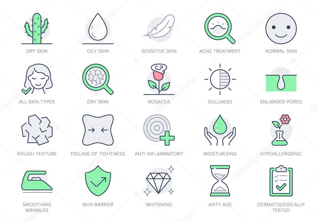 Cosmetic properties line icons. Vector illustration include icon - cream, collagen, anti aging effect, rosacea, wrinkle, outline pictogram for skincare product. Red and Green Color, Editable Stroke