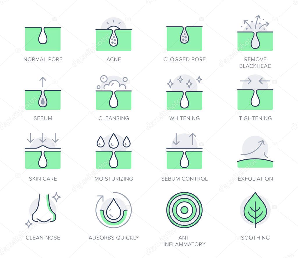 Cosmetic properties line icons. Vector illustration include icon - whitening, acne, moisturizing, cosmetic, gel, pimple, outline pictogram for skincare product. Green color, Editable Stroke