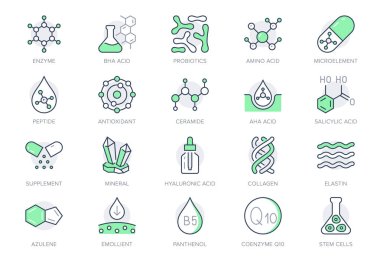 Cosmetic compounds line icons. Vector illustration include icon - vitamin, antioxidant, coenzyme q10, collagen outline pictogram for beauty chemical components. Green color, Editable Stroke clipart