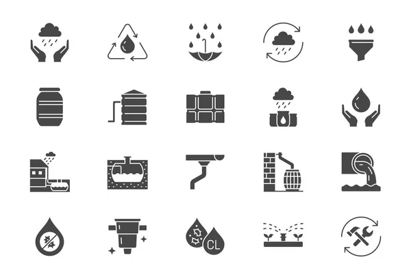 Iconos planos de recogida de agua de lluvia. La ilustración vectorial incluye icono barril, depósito de acero inoxidable, tubería, recuperación, pictograma de silueta de glifo de drenaje líquido para el reciclaje de agua. Color negro — Vector de stock
