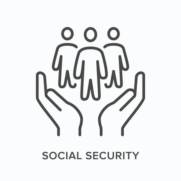 Social security flat line icon. Vector outline illustration of human hands and three persons. Black thin linear pictogram for work benefit — Stock Vector