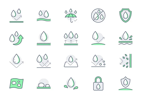 Iconos de línea impermeables. La ilustración vectorial incluye iconos: escudo, material hidrófobo, membrana, paraguas, pictograma de contorno oleofóbico para proteger contra el agua. Color verde, Carrera editable — Archivo Imágenes Vectoriales