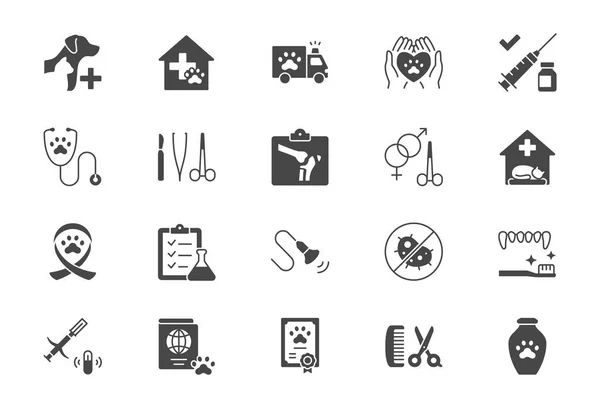 Icônes plates vétérinaires. Illustration vectorielle comprennent icône stéthoscope, toilettage, radiographie, échographie, vaccination, stérilisation glyphe silhouette pictogramme pour la clinique vétérinaire. Couleur noire — Image vectorielle